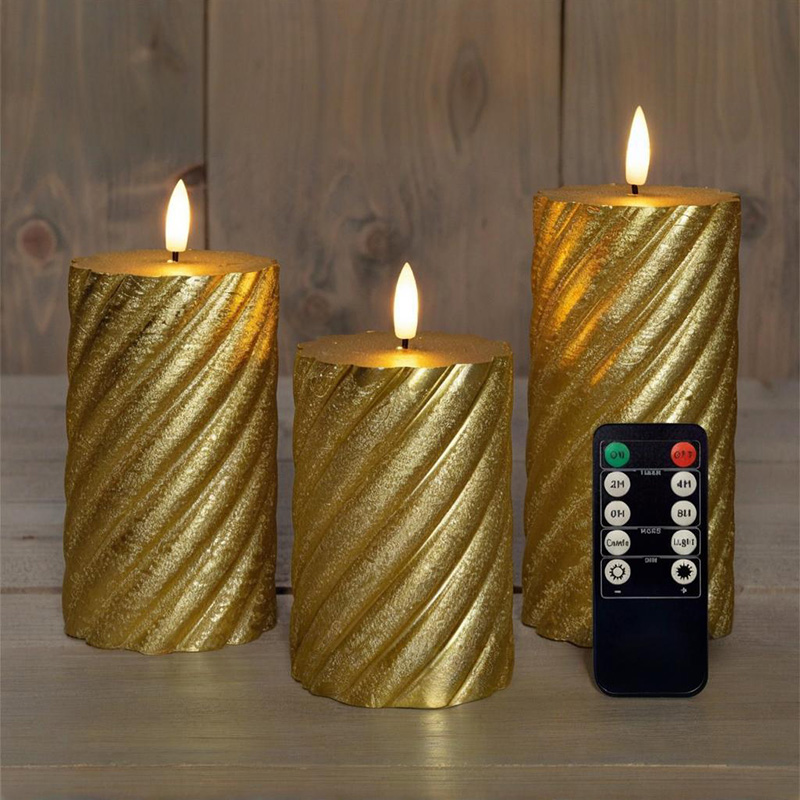 Set ng 3 Golden Spiral LED Pillar Candle