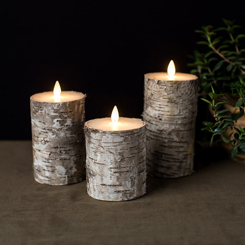 Set ng 3 Birch Bark Battery Operated Pillar Candles