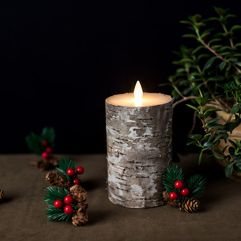 Set ng 3 Birch Bark Battery Operated Pillar Candles