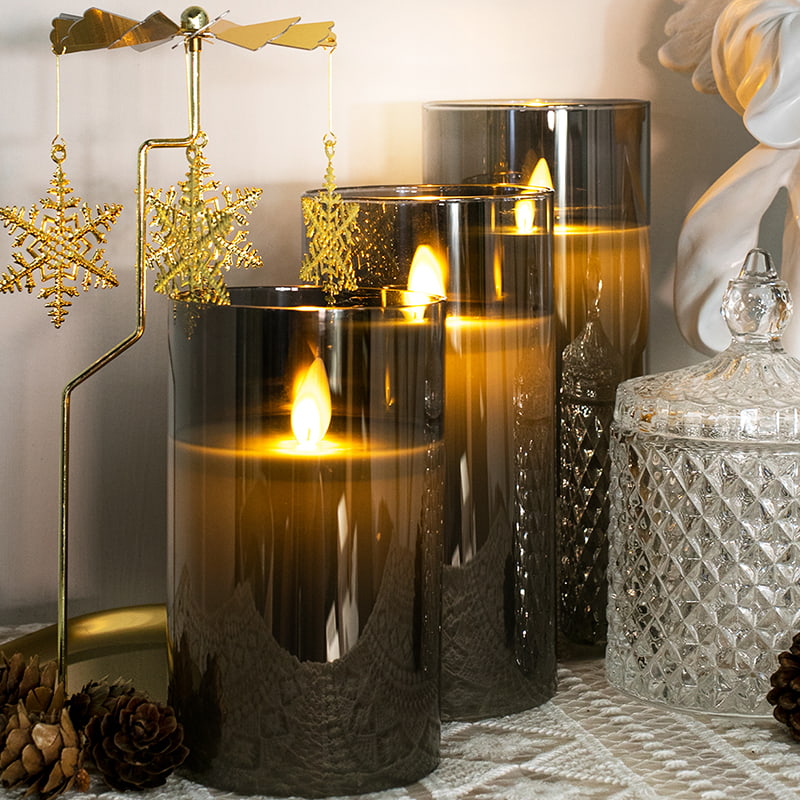 3 Pack Gray Flameless Glass Candles na may Remote