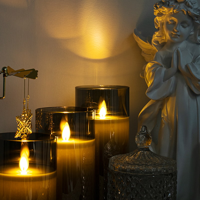 3 Pack Gray Flameless Glass Candles na may Remote