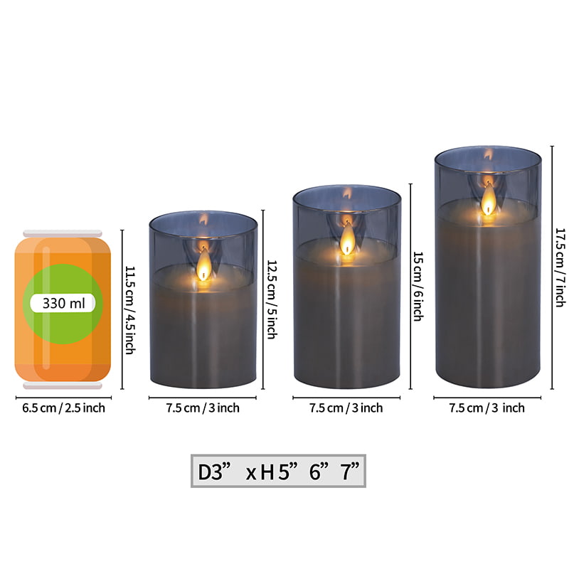 3 Pack Gray Flameless Glass Candles na may Remote