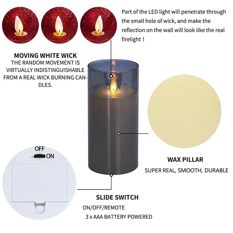 3 Pack Gray Flameless Glass Candles na may Remote