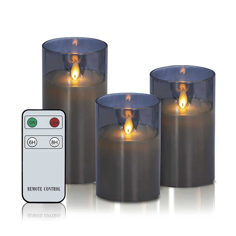 3 Pack Gray Flameless Glass Candles na may Remote