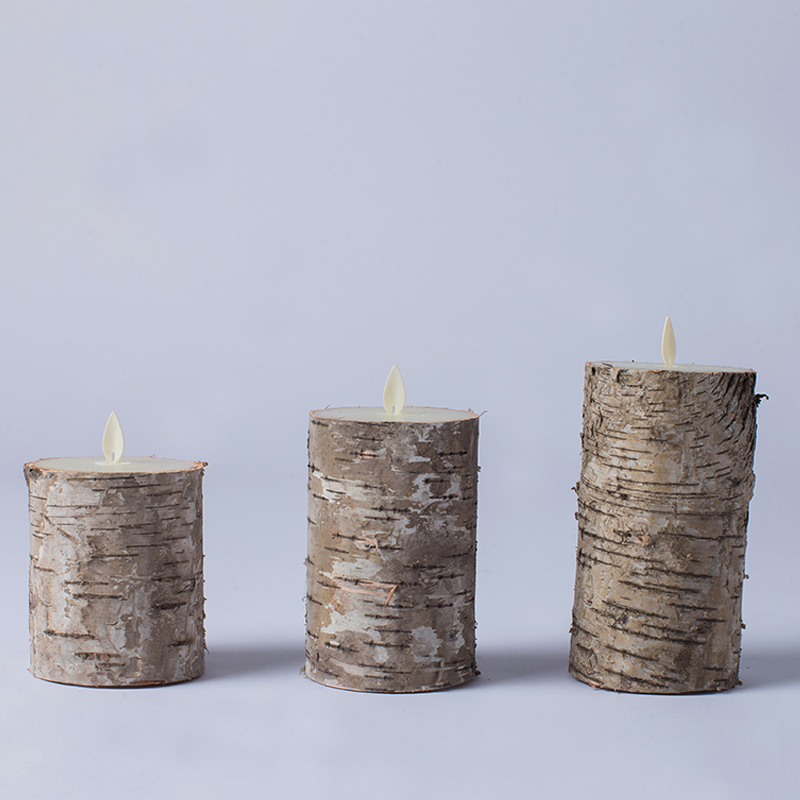 Set ng 3 Birch Bark Battery Operated Pillar Candles